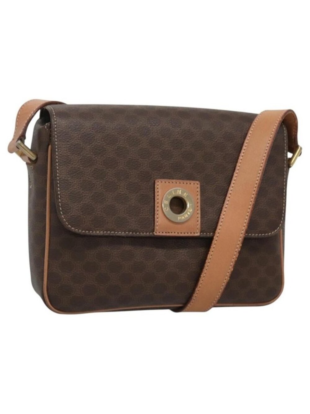 Authentic CELINE Macadam Canvas Shoulder Bag PVC Leather Brown Gold